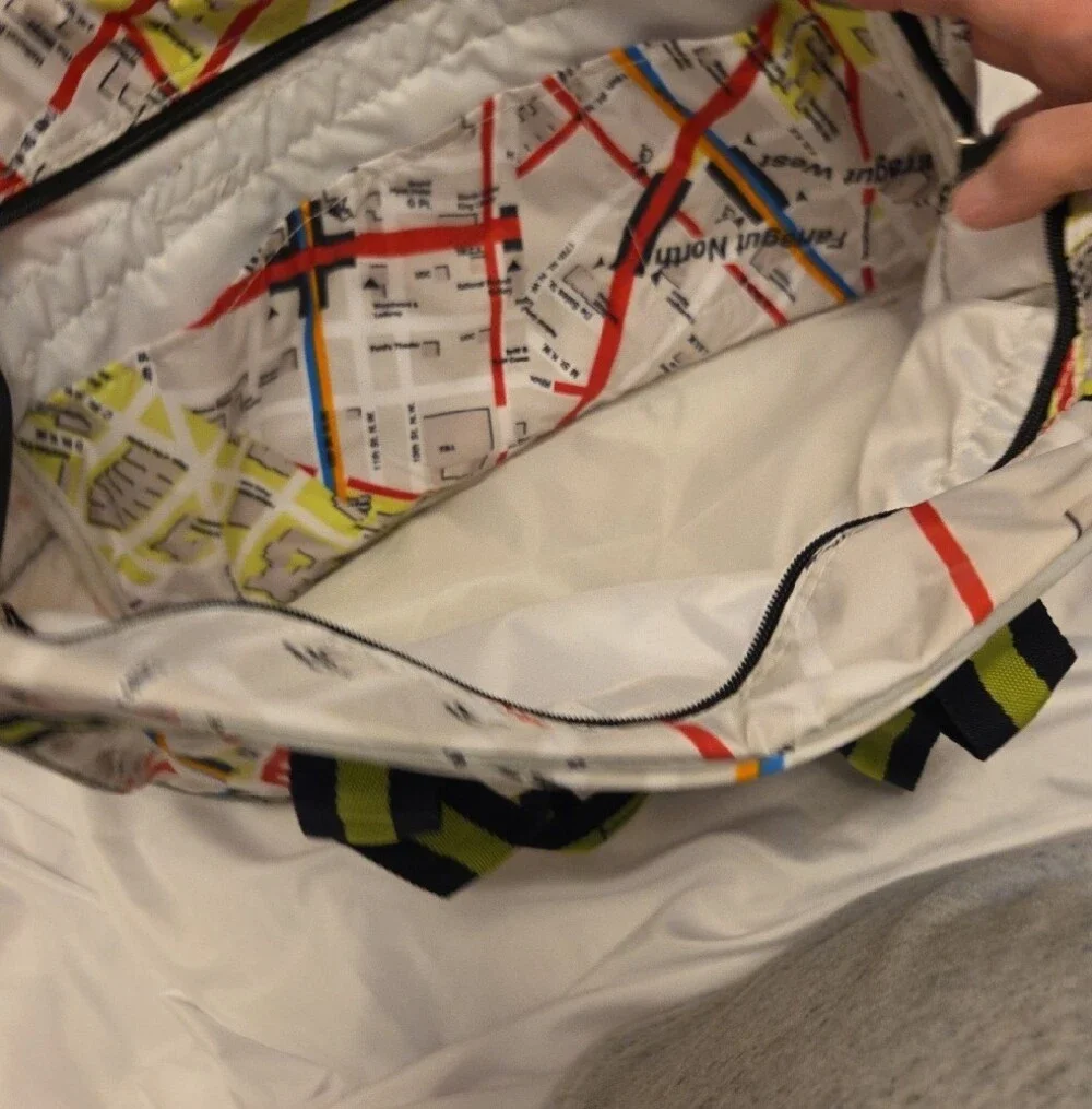 Map-Print Travel Duffle Bag in White with Yellow and Black Trim Washingon Dc